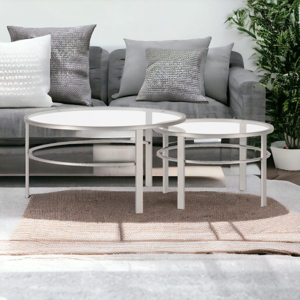 Set of Two 36" Clear and Silver Glass And Steel Round Nested Coffee Tables - Image 2