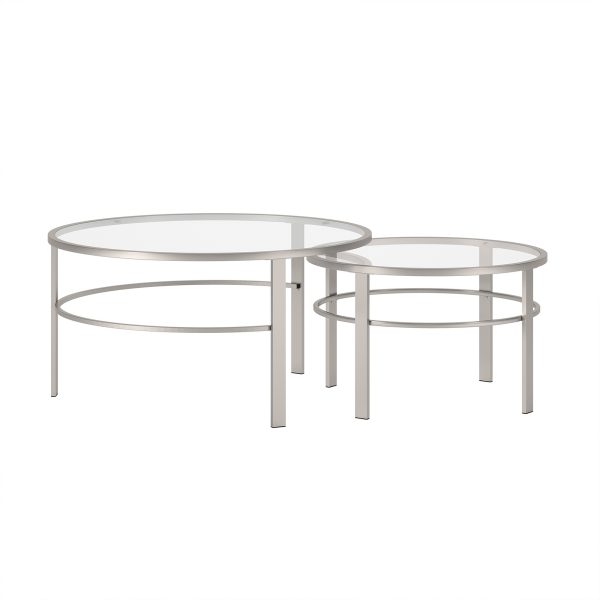 Set of Two 36" Clear and Silver Glass And Steel Round Nested Coffee Tables - Image 3