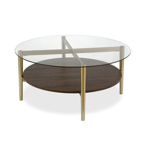 36" Gold Glass And Steel Round Coffee Table With Shelf - Image 3