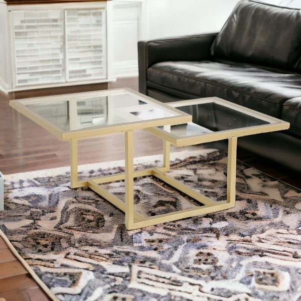 43" Gold Glass And Steel Square Coffee Table With Two Shelves - Image 2