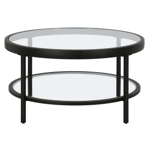 32" Clear And Black Glass And Steel Round Coffee Table With Shelf