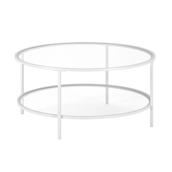 36" White Glass And Steel Round Coffee Table With Shelf - Image 3