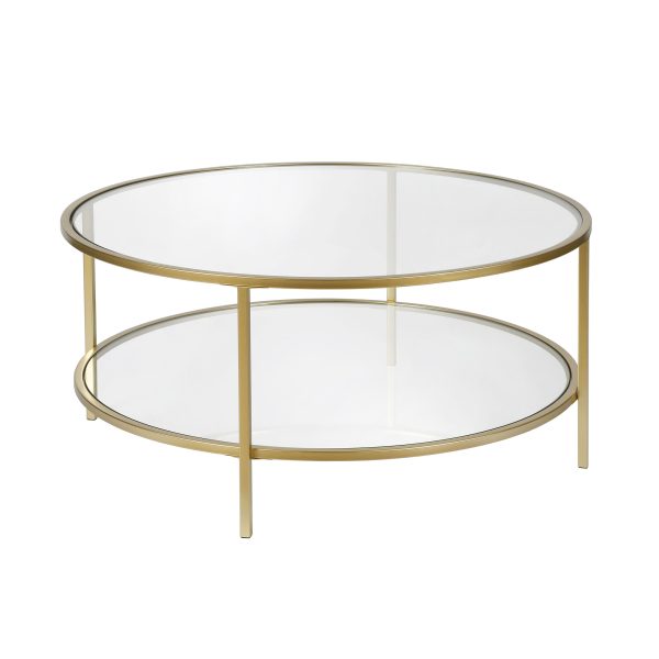36" Gold Glass And Steel Round Coffee Table With Shelf - Image 3
