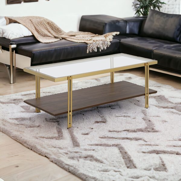45" Brown And Gold Glass And Steel Coffee Table With Shelf - Image 2
