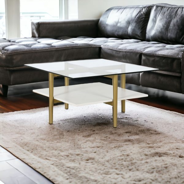 32" White And Gold Glass And Steel Square Coffee Table With Shelf - Image 2