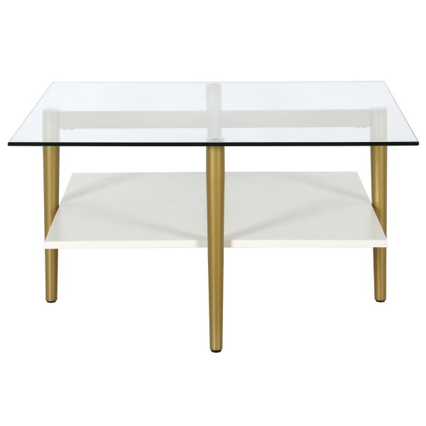 32" White And Gold Glass And Steel Square Coffee Table With Shelf - Image 3