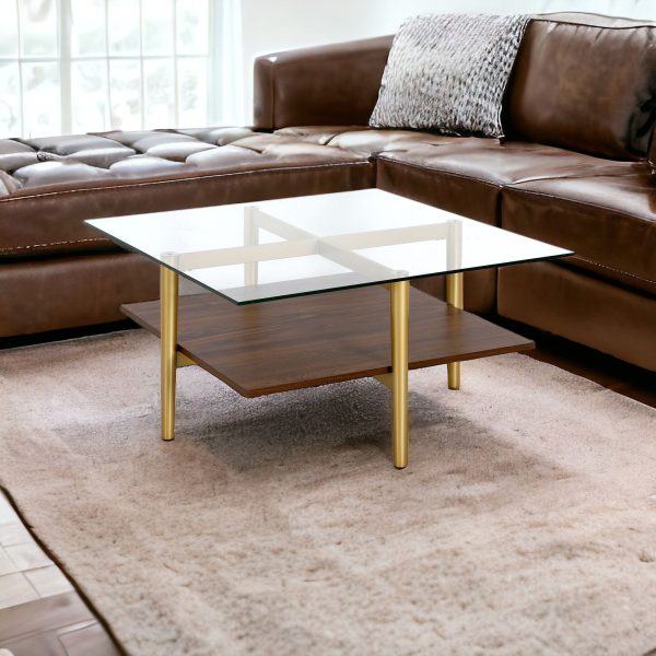 32" Brown And Gold Glass And Steel Square Coffee Table With Shelf - Image 2