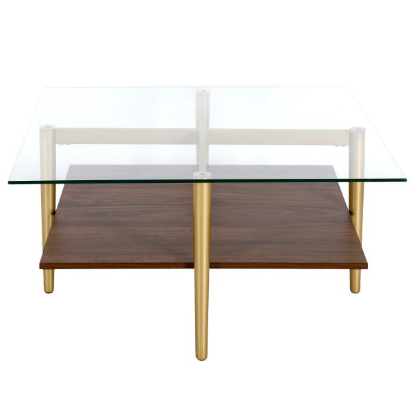 32" Brown And Gold Glass And Steel Square Coffee Table With Shelf - Image 3