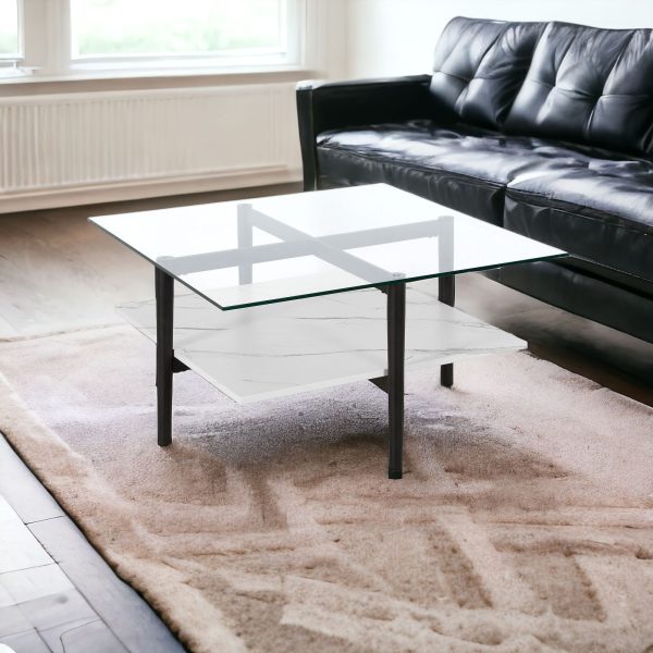 32" White And Black Glass And Steel Square Coffee Table With Shelf - Image 2