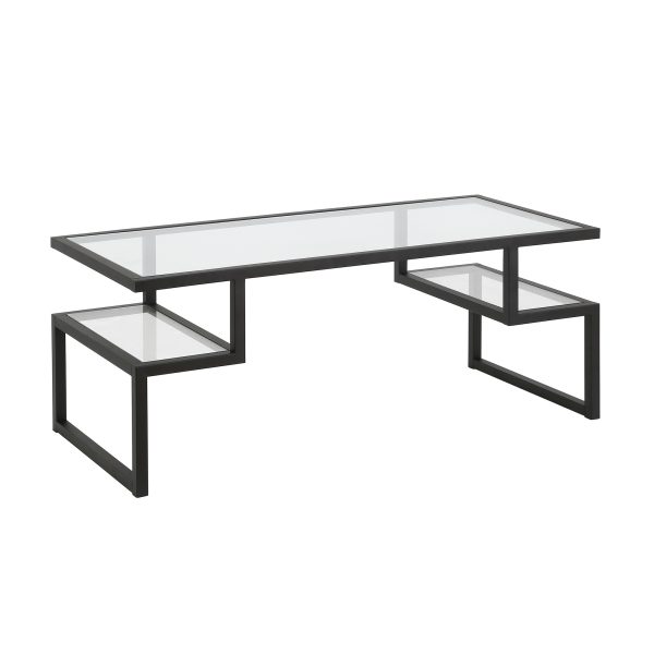 45" Black Glass And Steel Coffee Table With Two Shelves - Image 3