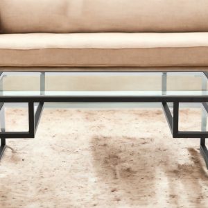 45" Black Glass And Steel Coffee Table With Two Shelves