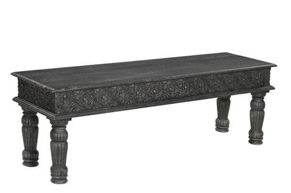 58" Black Floral Distressed Solid Wood Dining Bench - Image 2