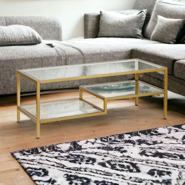 45" Gold Glass And Steel Coffee Table With Two Shelves - Image 2