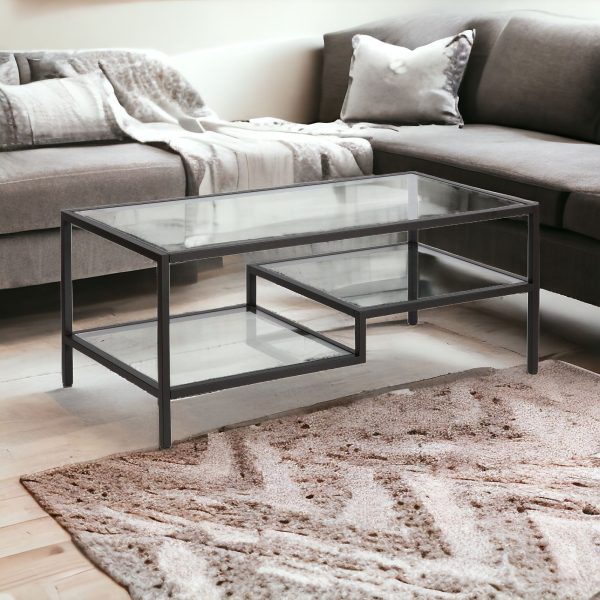 45" Black Glass And Steel Coffee Table With Two Shelves - Image 2