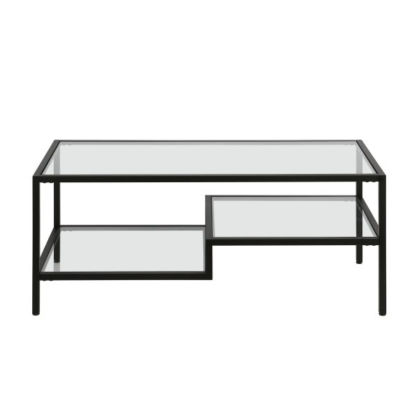 45" Black Glass And Steel Coffee Table With Two Shelves - Image 3