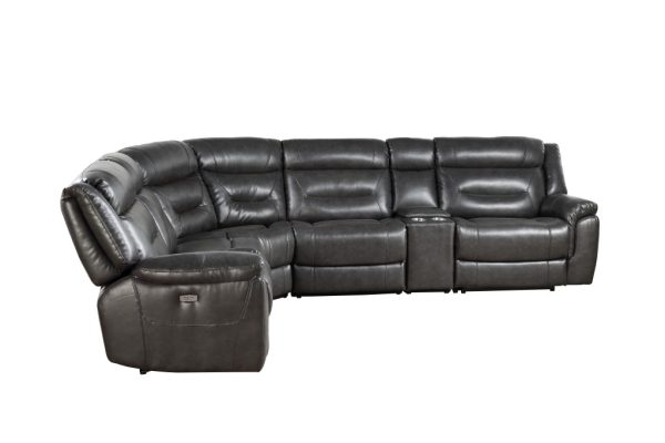 Gray Faux Leather Power Reclining L Shaped Six Piece Corner Sectional With Console - Image 3