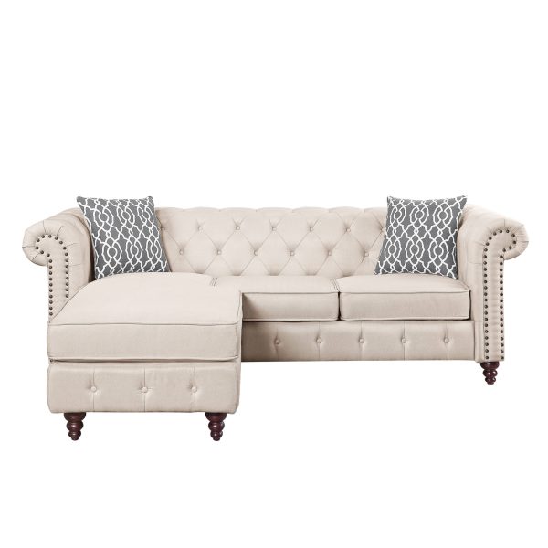 Beige Linen L Shaped Sofa and Chaise Sectional And Toss Pillows - Image 3