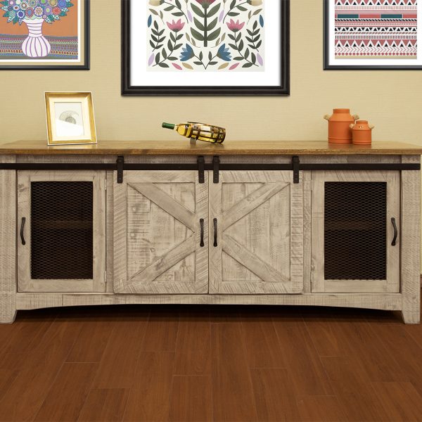 79" Gray Solid Wood Cabinet Enclosed Storage Distressed TV Stand - Image 4