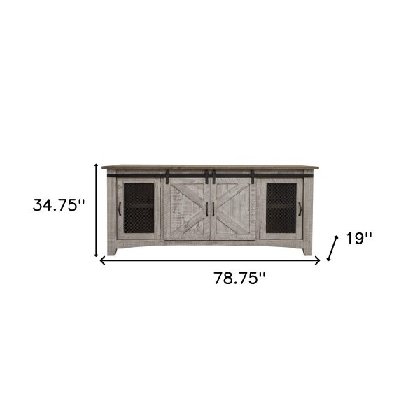 79" Gray Solid Wood Cabinet Enclosed Storage Distressed TV Stand - Image 3