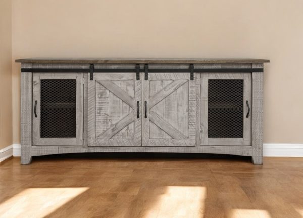 79" Gray Solid Wood Cabinet Enclosed Storage Distressed TV Stand - Image 2