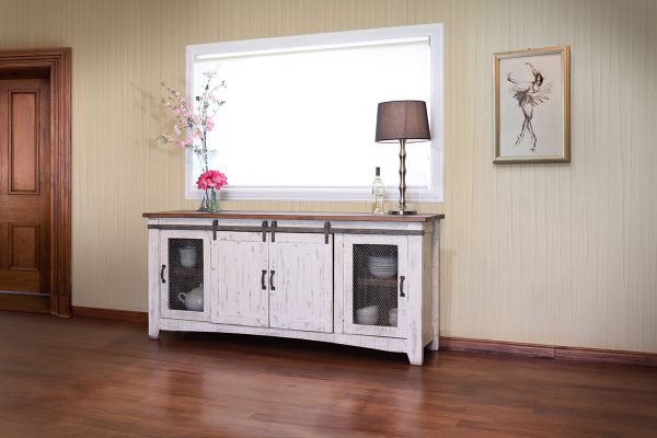 79" White Solid Wood Cabinet Enclosed Storage Distressed TV Stand - Image 4