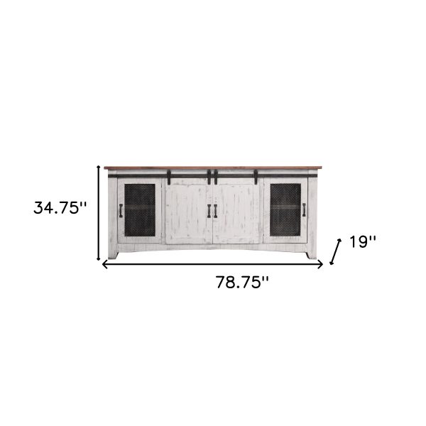 79" White Solid Wood Cabinet Enclosed Storage Distressed TV Stand - Image 3