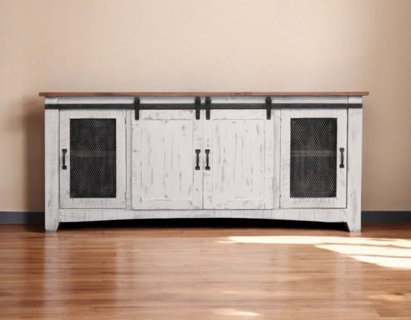 79" White Solid Wood Cabinet Enclosed Storage Distressed TV Stand - Image 2