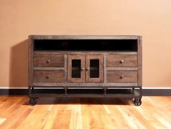 62" Brown Solid Wood Cabinet Enclosed Storage Distressed TV Stand - Image 2
