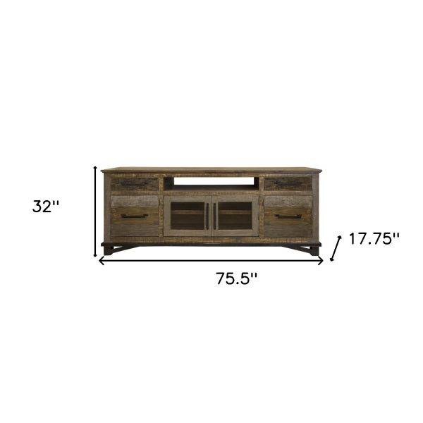 76" Brown Solid Wood Cabinet Enclosed Storage Distressed TV Stand - Image 4