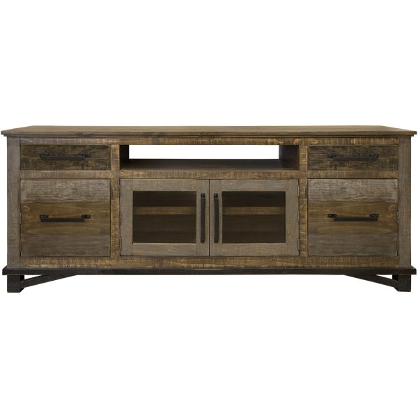 76" Brown Solid Wood Cabinet Enclosed Storage Distressed TV Stand - Image 3