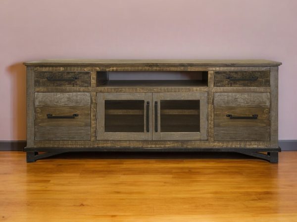 76" Brown Solid Wood Cabinet Enclosed Storage Distressed TV Stand - Image 2