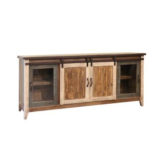 79" Brown Solid Wood Cabinet Enclosed Storage Distressed TV Stand