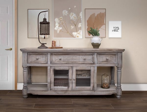 70" Desert Sand Solid Wood Open shelving Distressed TV Stand - Image 4