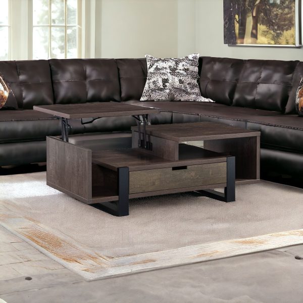 47" Brown And Black Wood Lift Top Coffee Table With Drawer And Shelf - Image 2