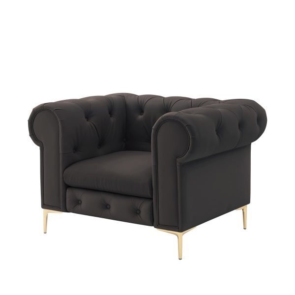 34" Brown And Gold Faux Leather Tufted Chesterfield Chair