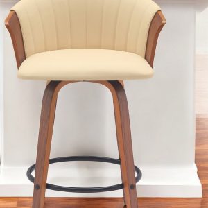 26" Cream and Wood Brown Faux Leather with Solid Wood Swivel Counter Height Bar Chair