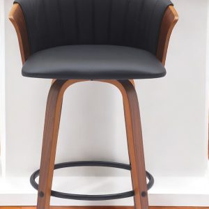 26" Black and Wood Brown Faux Leather with Solid Wood Swivel Counter Height Bar Chair