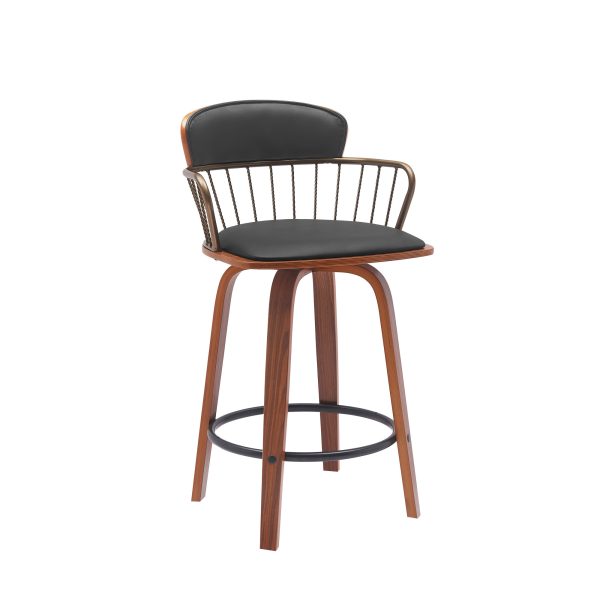 26" Black And Wood Brown Faux Leather Swivel Low Back Counter Height Bar Chair - Image 3