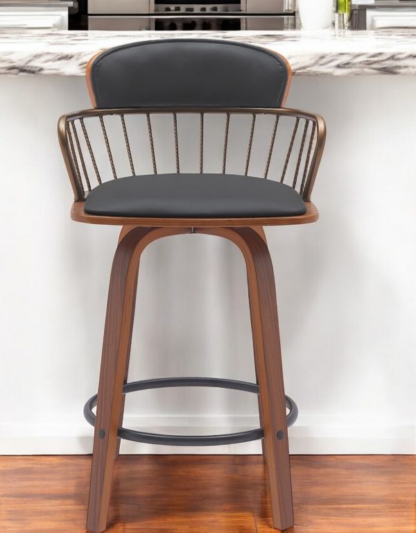 26" Black And Wood Brown Faux Leather Swivel Low Back Counter Height Bar Chair - Image 2
