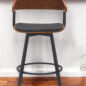 27" Black Faux Leather And Metal Swivel Low Back Counter Height Bar Chair