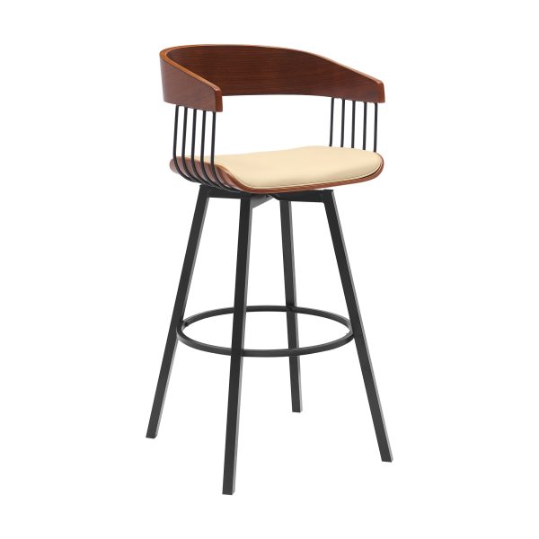 31" Cream and Black Faux Leather with Metal Swivel Bar Height Bar Chair - Image 3