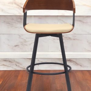31" Cream and Black Faux Leather with Metal Swivel Bar Height Bar Chair