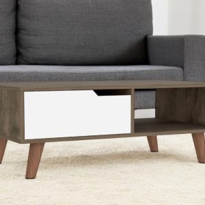 40" Brown And Brown and White Wood Coffee Table With Drawer And Shelf