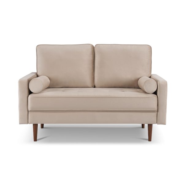 57" Beige And Dark Brown Velvet Loveseat and Toss Pillows - Image 3