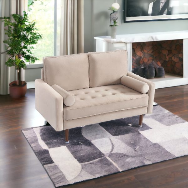 57" Beige And Dark Brown Velvet Loveseat and Toss Pillows - Image 2