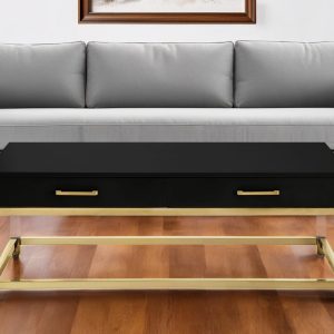 47" Black Gold And Clear Wood Acrylic And Steel Coffee Table