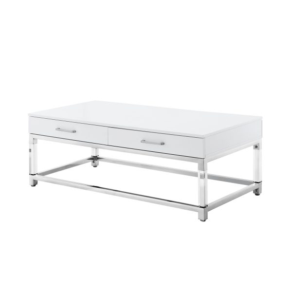 47" White Silver And Clear Wood Acrylic And Steel Coffee Table - Image 3