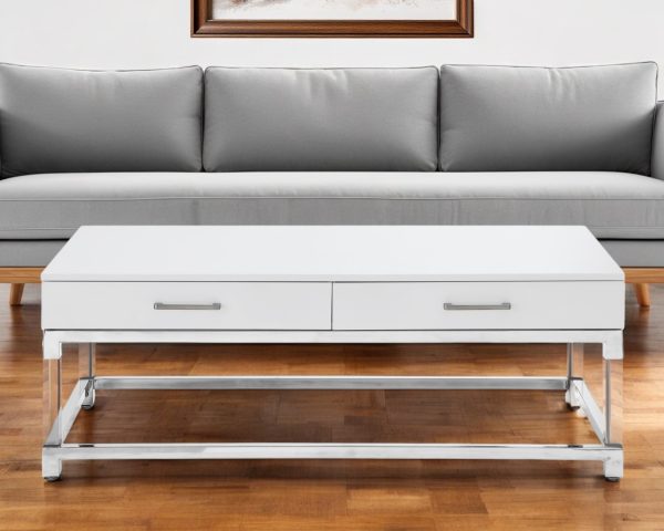47" White Silver And Clear Wood Acrylic And Steel Coffee Table