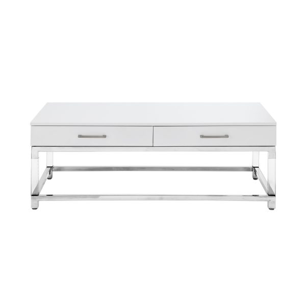 47" White Silver And Clear Wood Acrylic And Steel Coffee Table - Image 2