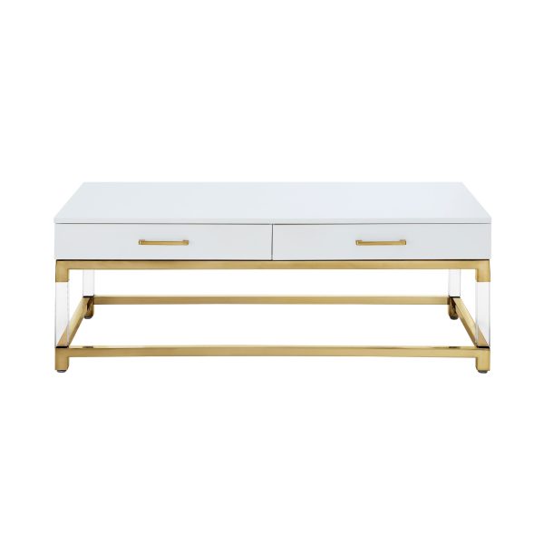 47" White Gold And Clear Wood Acrylic And Steel Coffee Table - Image 2